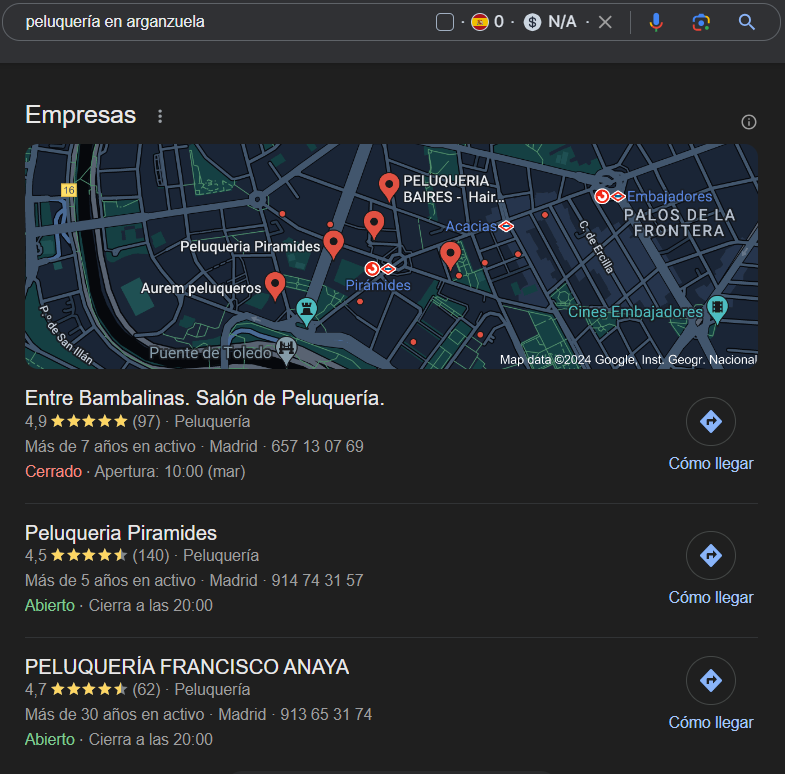 búsqueda local de una peluquería y los resultados seo para peluquerías de google my business